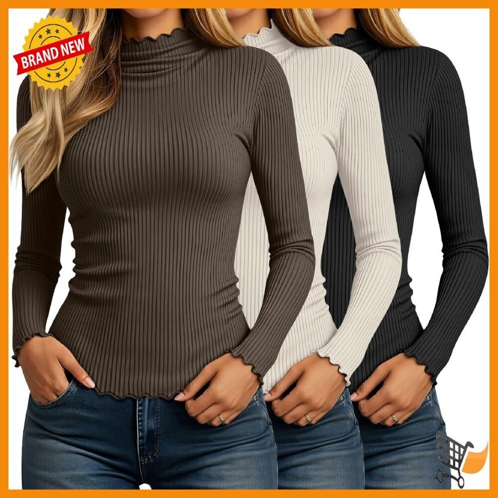 Women's Slim Fit Turtleneck Cotton Shirts Long Sleeve Ribbed Mock Neck Tops